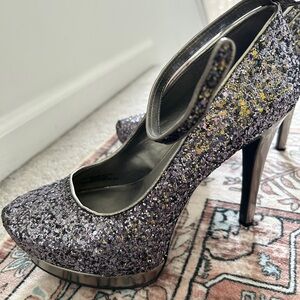 Sparkle Platform Stiletto Pumps in Silver Glitter
